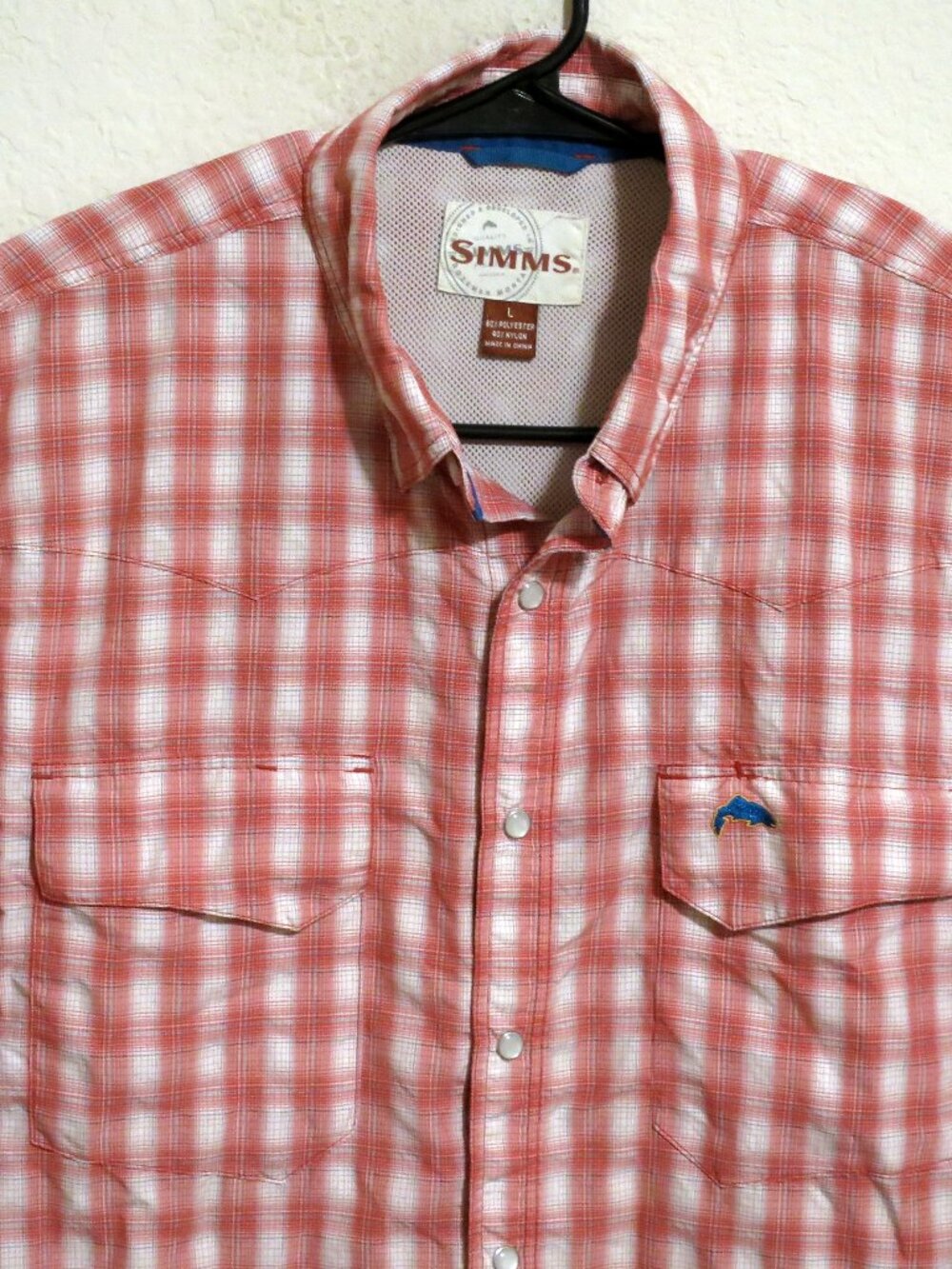 Simms Shirt Mens Large Short Sleeve Snap Button Red White Striped Vented